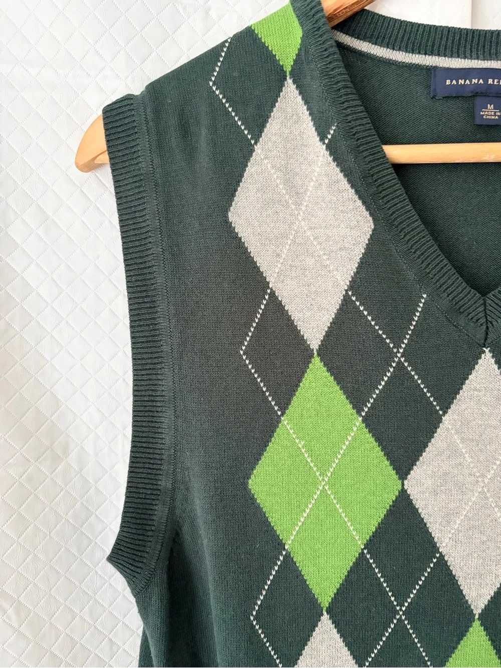 Banana Republic Dark Green Argyle Sweater Vest with Lime and Gray Diamonds
